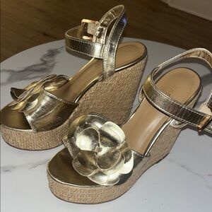 Gold Wedge Sandals with Floral Accent
